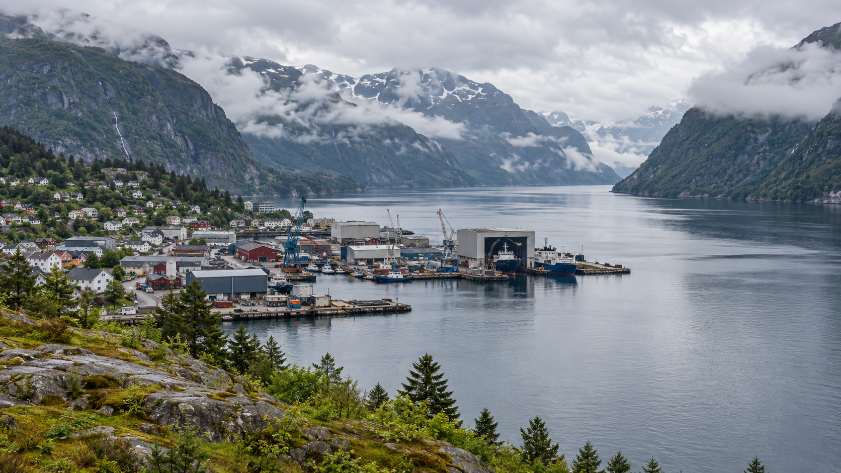 Illustrative image of a fjord and industrial harbor in Western Norway